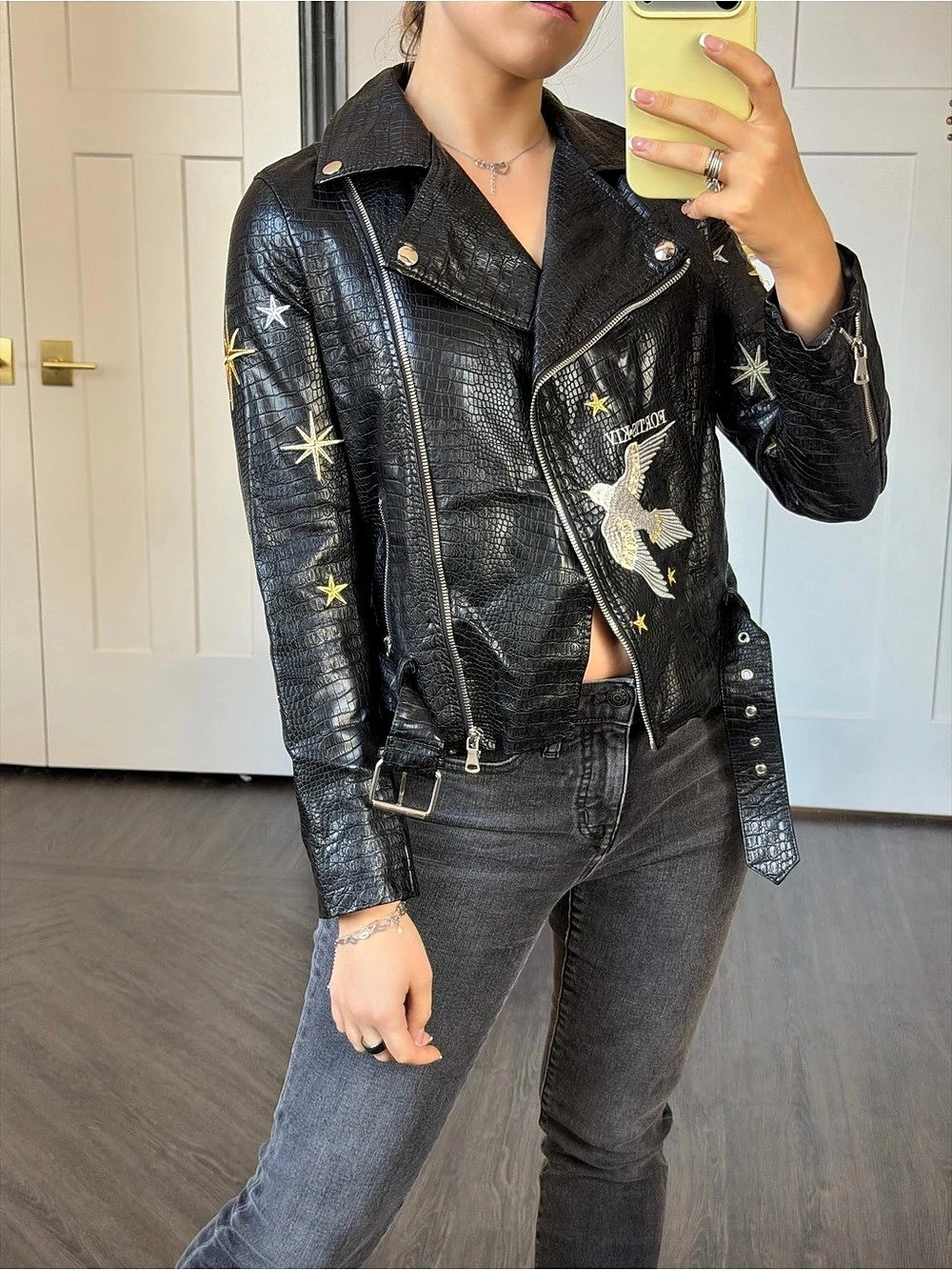 Black Embroidered Moto Jacket Like New